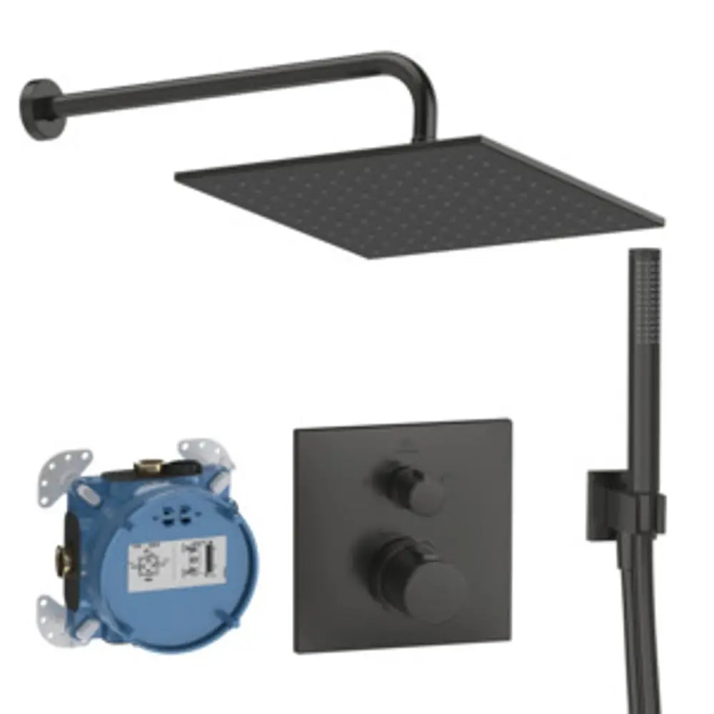 Schwarzes Duscharmaturen-Set von Ideal Standard mit Kopfbrause, Handbrause, Steuerung und Unterputzsystem. Geeignet für moderne Badezimmer.